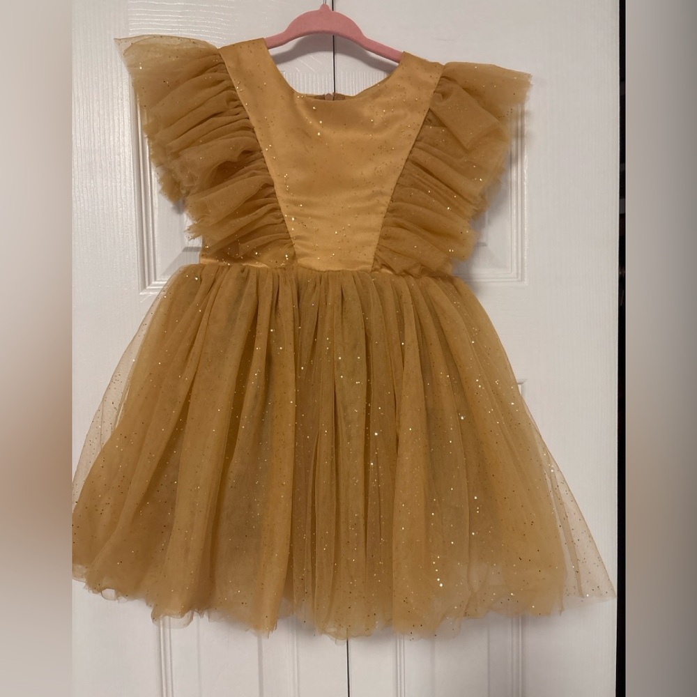TRISH SCULLY Gold Sparkle Tulle Ruffle Dress | 2T | Holiday/Party/Belle-Inspired